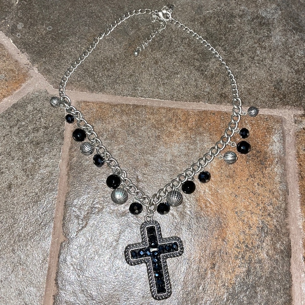 Western Cross necklace. Black and Silver Beads